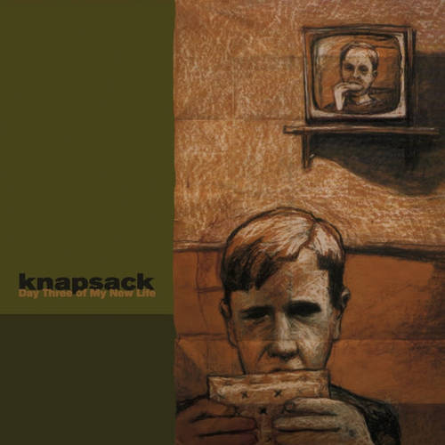 Album cover with a person holding a record and a portrait on a wall, featuring the band 'knapsack'.