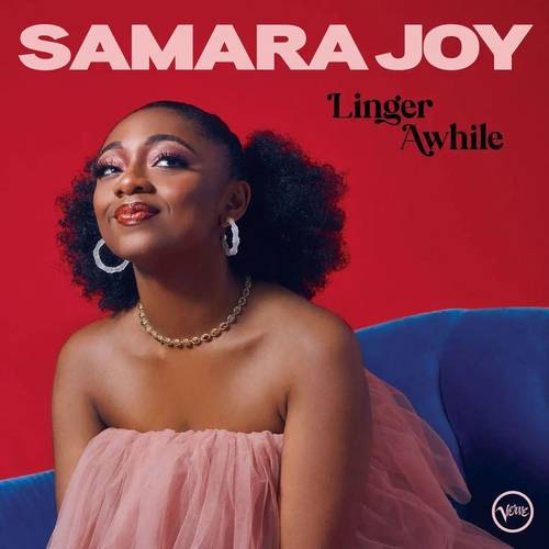 Album cover with a woman in a pink dress against a red background, featuring the text 'Samara Joy Linger Awhile'.