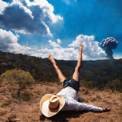 Person lying on their back with legs in the air, wearing a hat, with a volcanic eruption in the background.