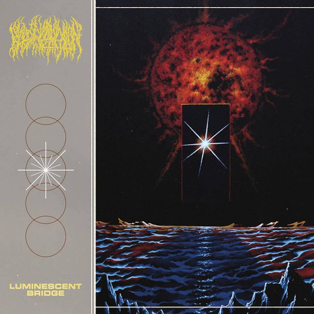 Album cover for 'Luminescent Bridge' by the band Luminescent, featuring a split design with a gray left panel containing the band name in yellow and geometric line art, and a right panel depicting a glowing red sun over a blue reflective landscape under a black sky.