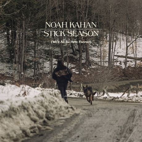 Album cover with a person walking a dog on a snowy path, featuring the text 'Noah Kahan Stick Season'.