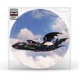 Vinyl record with a dragon-themed airplane design on a blue sky and cloud background