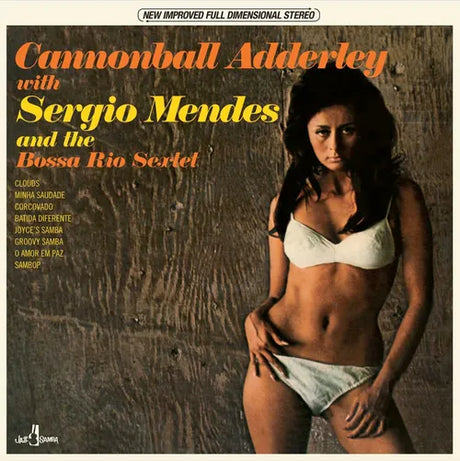 The image features the album cover of "Cannonball Adderley with Sergio Mendes and the Bossa Rio Sextet." It showcases a striking black and white photograph of a woman in a white bikini, which is thought to be a model's choice and not related to the album's content.