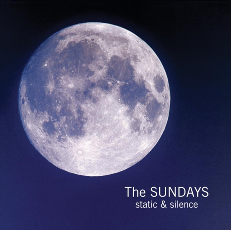 Album cover art for 'static & silence' by 'The SUNDAYS', featuring a large, detailed full moon against a deep navy blue night sky with white text in the bottom right corner.