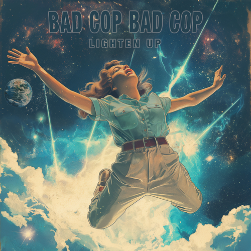 Album cover with a person jumping between clouds and space, featuring text 'Bad Cop Bad Cop Lighten Up'.