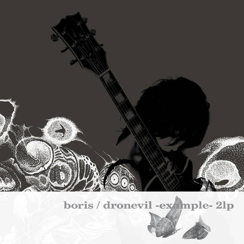 Album cover with silhouette of a person holding a guitar and abstract designs, featuring the text 'boris / dronevil -example- 2lp'.