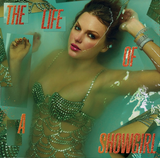 Album cover with a woman in a sparkling green dress against a teal background, featuring text 'The Life of a Showgirl'.