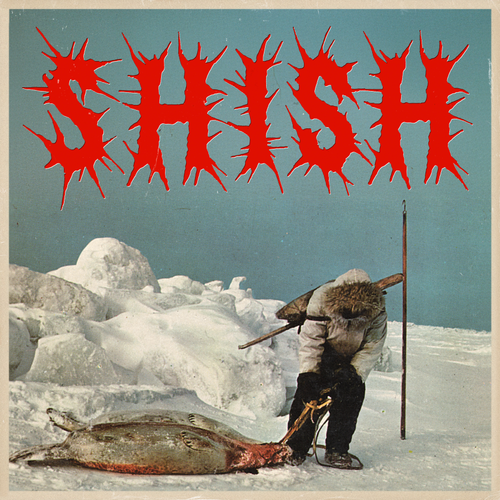 Person in a snowy landscape with a dead seal and the word 'SHISH' in red text.