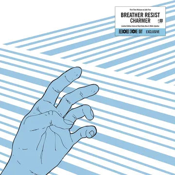 Album cover with a hand illustration and text on a blue striped background