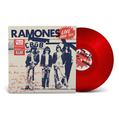 Vinyl record with red disc and cover featuring Ramones band members, on a white background