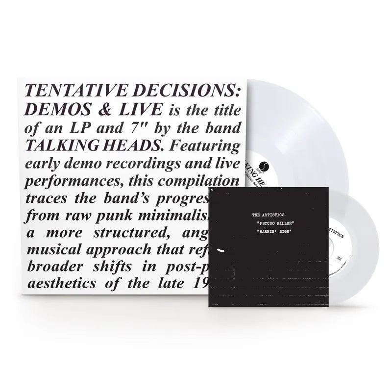 Vinyl record and cover with text about Talking Heads' 'Tentative Decisions: Demos & Live' compilation.
