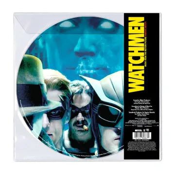 Vinyl record packaging for 'Watchmen' with character images and text.