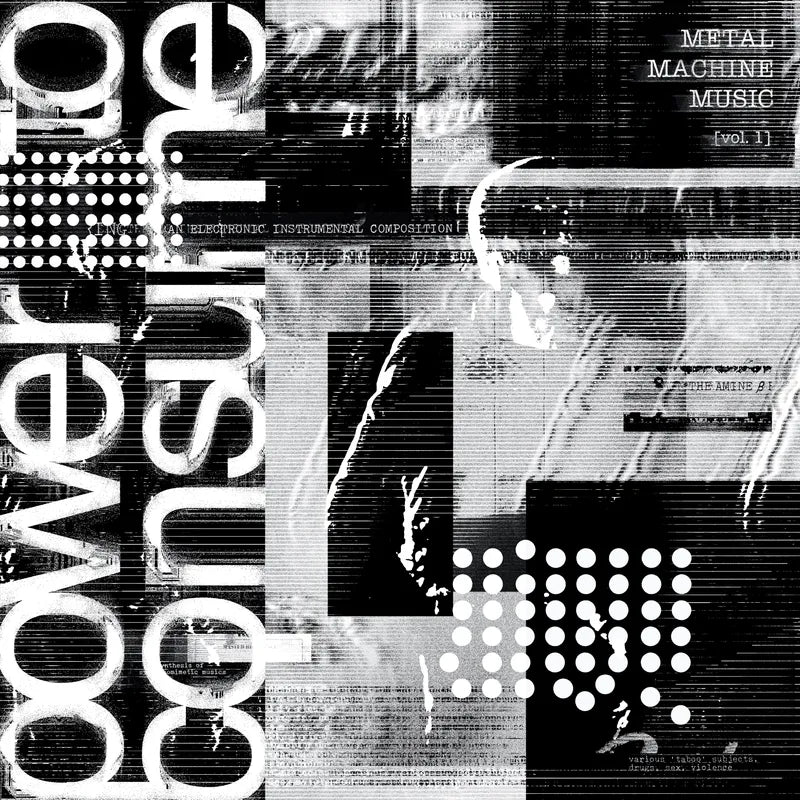 Black and white abstract design with text and patterns
