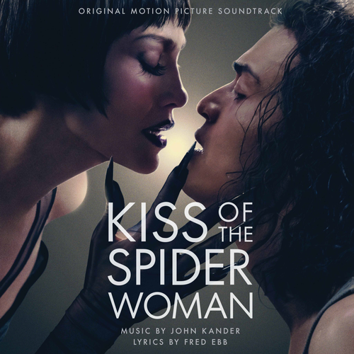 Album cover for 'Kiss of the Spider Woman' with two people close together, featuring text about the music and lyrics.