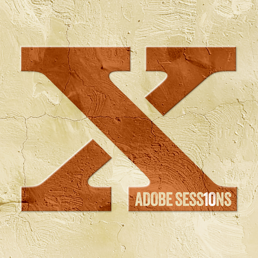 Large brown letter 'X' with 'Adobe Sessions' text on a textured beige background