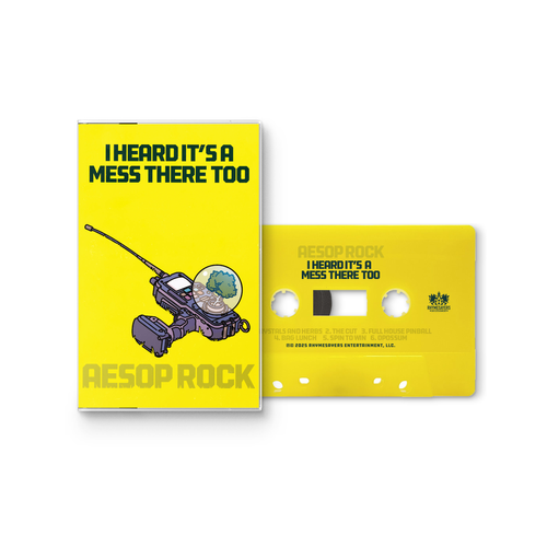 Cassette tape with yellow cover and black text on a white background