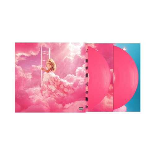 Vinyl record with a colorful cover featuring a woman in a pink dress on clouds.