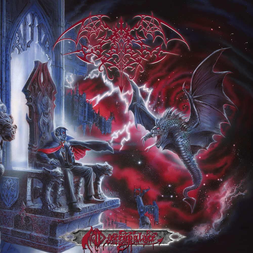 Fantasy artwork with a dragon, throne, and gothic architecture.