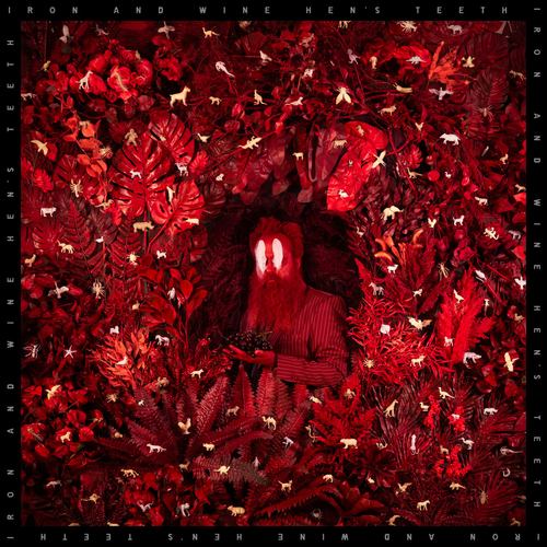 Album cover with a person lying on red floral pattern, surrounded by text 'IRON AND WINE HEN'S TEETH'.