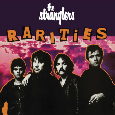 Album cover for 'Rarities' by The Stranglers with band members and a pink and purple cloud background.