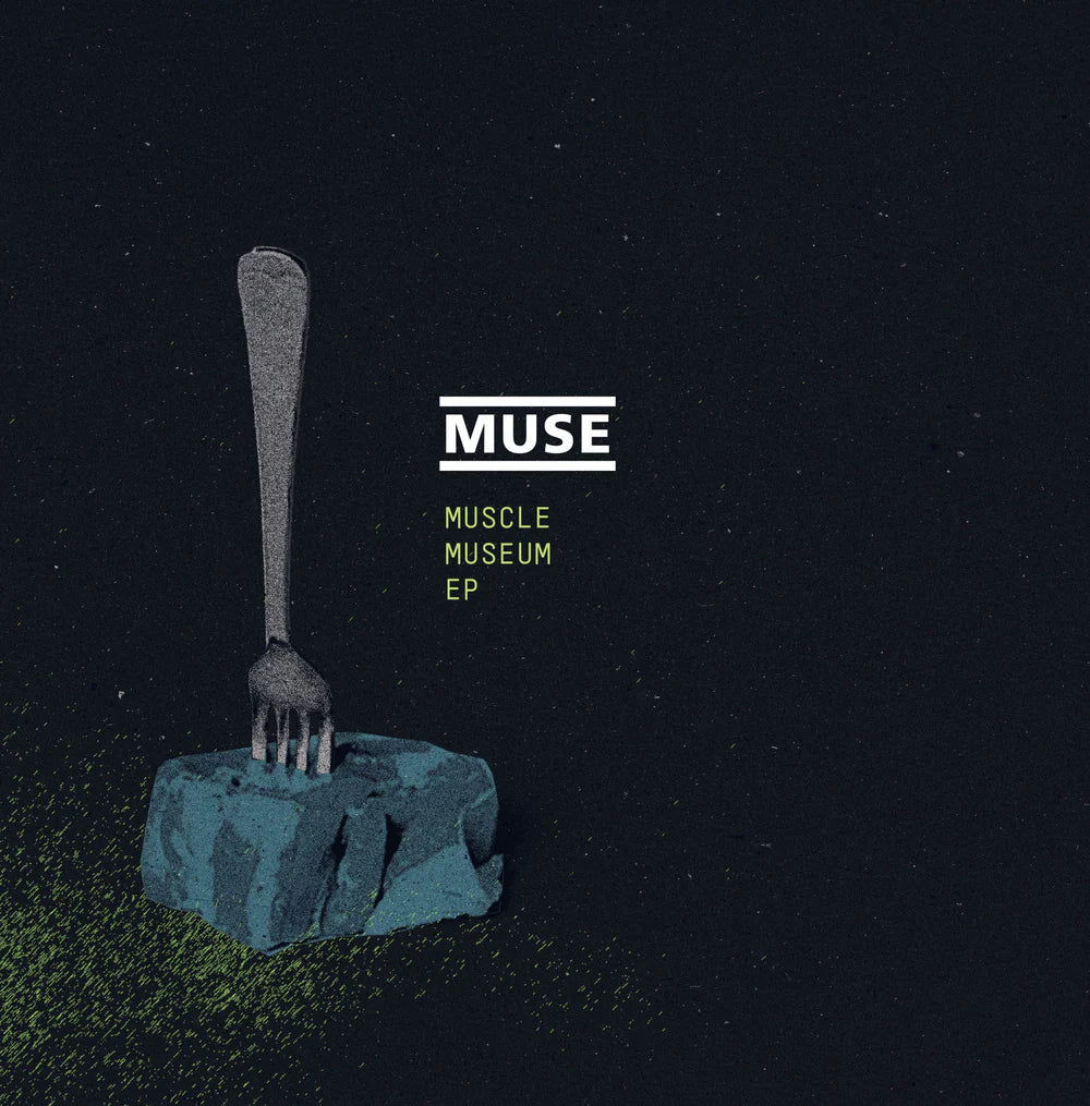 Album cover for 'Muscle Museum EP' by Muse featuring a fork on a rock against a dark background.