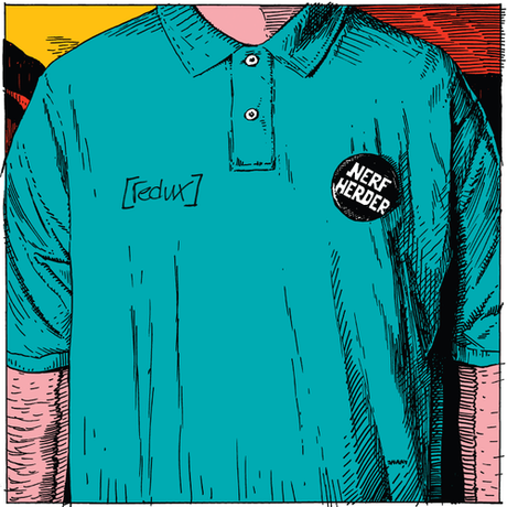 Teal polo shirt with 'Redux' logo and 'Nerf Herder' button on a colorful background