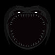 A stylized dark monster face with an open mouth, sharp teeth, and glowing white eyes on a black background.