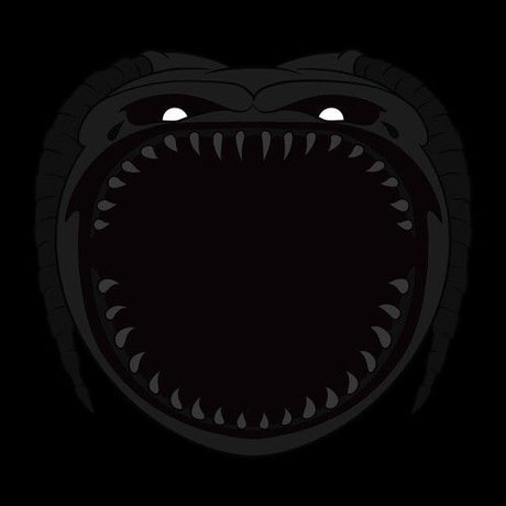 A stylized dark monster face with an open mouth, sharp teeth, and glowing white eyes on a black background.
