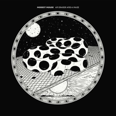 Album cover with a stylized snake, moon, and geometric design on a black background.