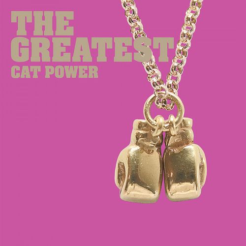 Gold boxing glove charm necklace on a pink background with 'The Greatest Cat Power' text.