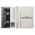 Cassette tape with 'Music, Fashion, Film' text on a white background