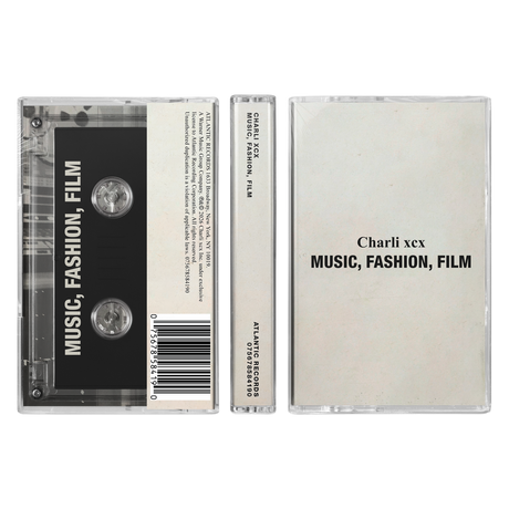 Cassette tape with 'Music, Fashion, Film' text on a white background