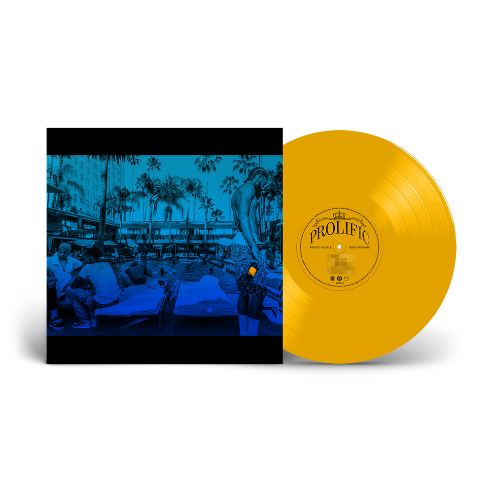 A vinyl record package shown on a black background, featuring a bright yellow-gold LP disc partially pulled from a sleeve. The sleeve artwork is a blue-toned photograph of people reclining outdoors with palm trees and buildings.
