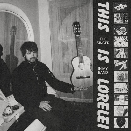 Person holding a guitar in a room with album cover text 'This is the singer in my band Lorelei'.