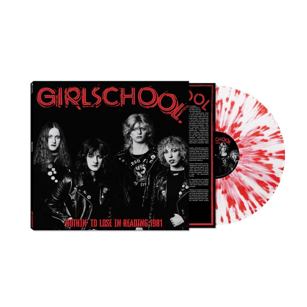 Girlschool 'Nothing' to Lose in Reading 1981' vinyl record album with a black and white band photo cover and a red-and-white marbled vinyl record partially visible behind it, on a white background.