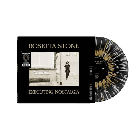 Rosetta Stone 'Executing Nostalgia' vinyl record album with the black outer jacket and a black-and-gold marbled record partially visible, shown on a plain white background.