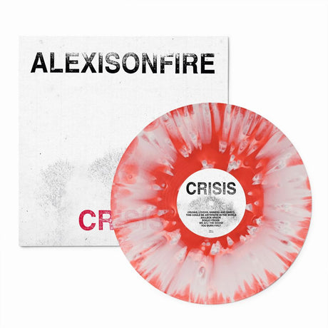 Alexisonfire's 'Crisis' vinyl record and sleeve. The sleeve is off-white with black text, and the vinyl record is a red and white tie-dye swirl with a white center label.