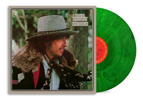 Bob Dylan's 'Desire' vinyl record album shown with its cover sleeve and a translucent green record on a white background.