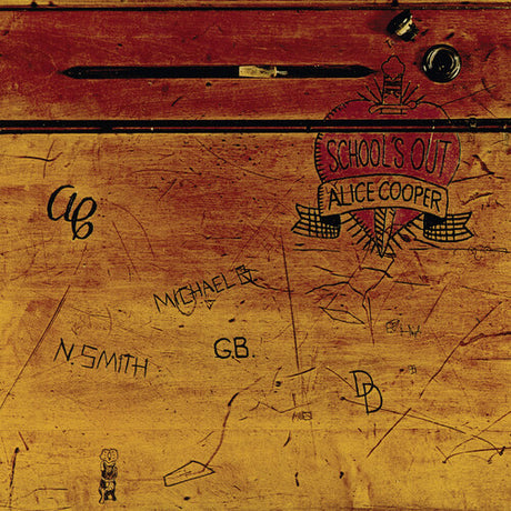 Wooden album cover with 'School's Out' by Alice Cooper, featuring signatures and doodles.