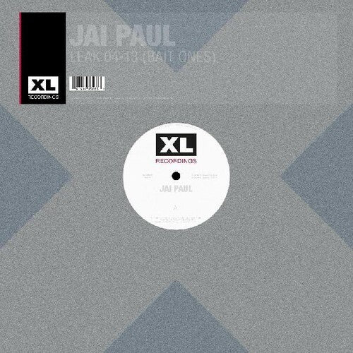This image presents the vinyl release of "Jai Paul - Leak 04-13 (Bait Ones) LP." The album cover features a minimalist design with a grey background punctuated by subtle, geometric patterns.