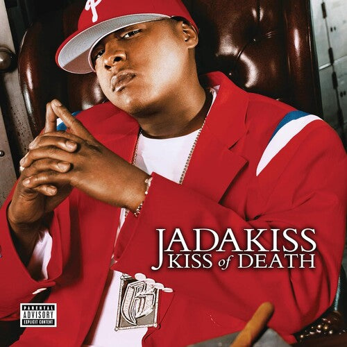 Jadakiss album 'Kiss of Death' cover art featuring Jadakiss in a red outfit with a cap, sitting in a car.