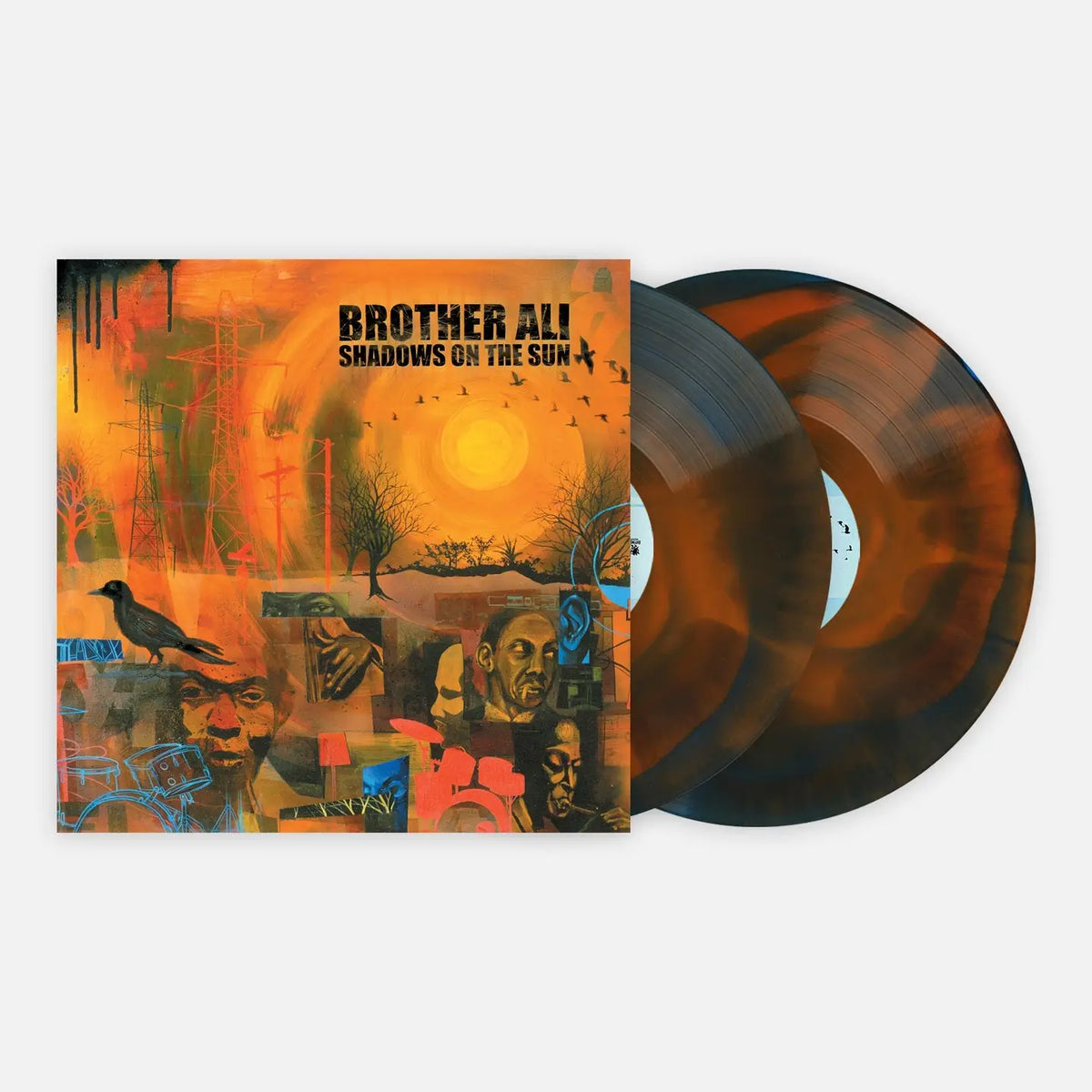 Brother Ali's 'Shadows on the Sun' vinyl record album shown with its illustrated cover sleeve and two translucent orange-brown records partially pulled out, on a light gray background.