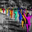 A colorful album cover featuring multiple figures in a field, with the figures filled in with various colors like red, orange, yellow, green, blue, and pink.