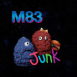 Album cover for M83's 'Junk' with two colorful characters against a starry space background.
