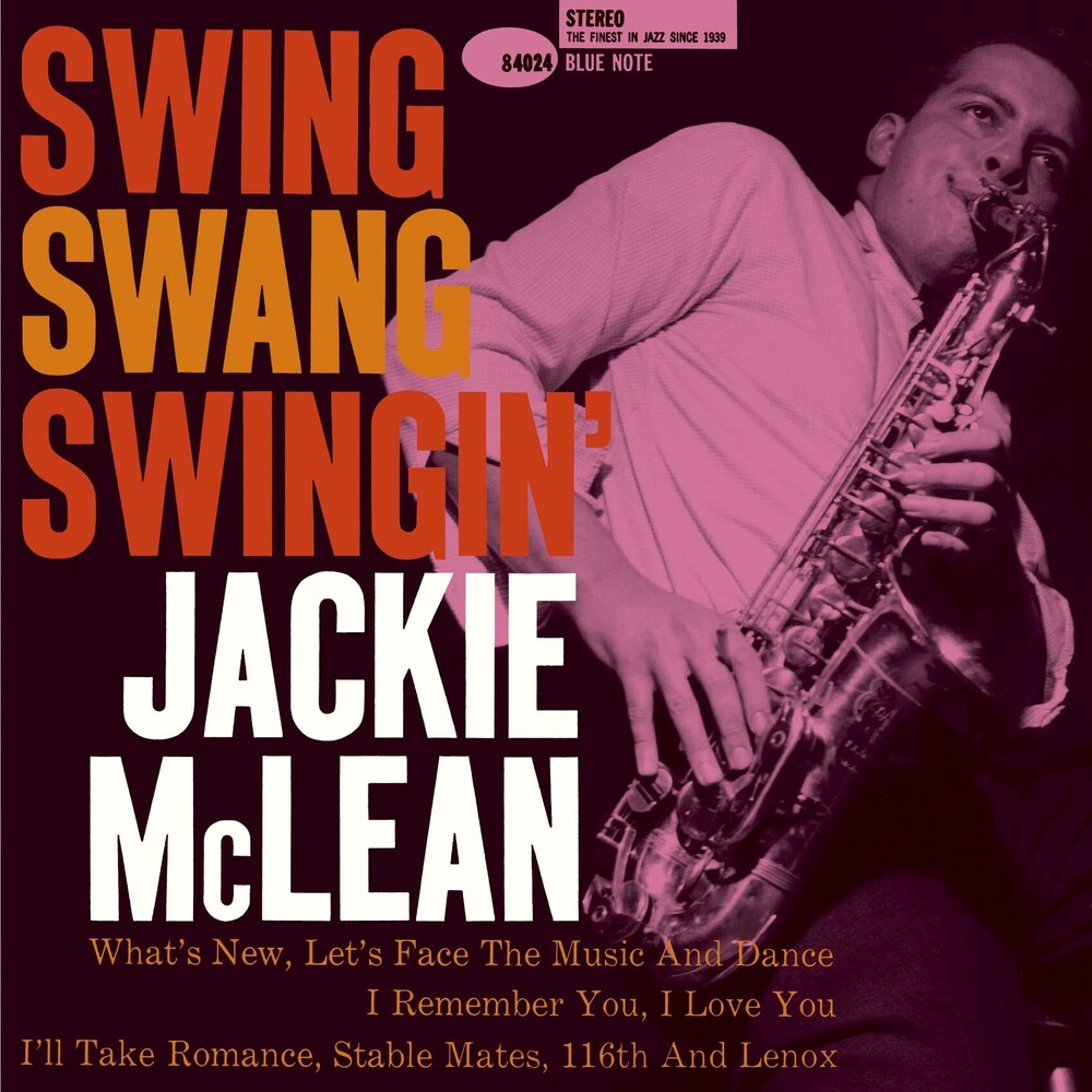 Album cover for 'Swing Swang Swingin'' by Jackie McLean, featuring a stylized photo of a man playing a saxophone in pink and purple tones, with large orange, yellow, and white text on a dark background.