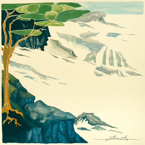 Artistic depiction of a tree with a face against a mountainous landscape