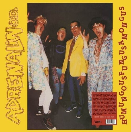 Album cover with four people posing and text on a yellow background