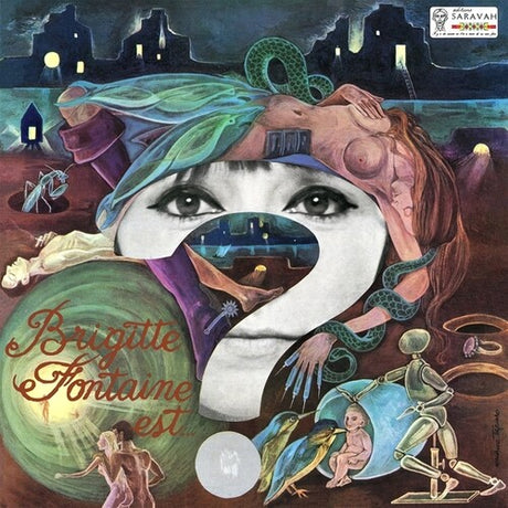 Artistic album cover with a stylized face and surreal elements, featuring the name 'Brigitte Fontaine'.