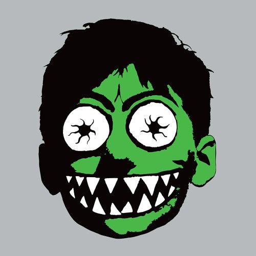 Cartoonish green zombie face with black hair on a gray background