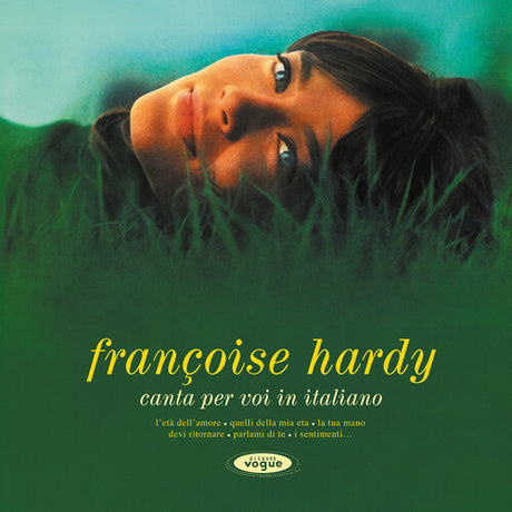 Album cover with a person lying in grass, featuring text about Francoise Hardy.